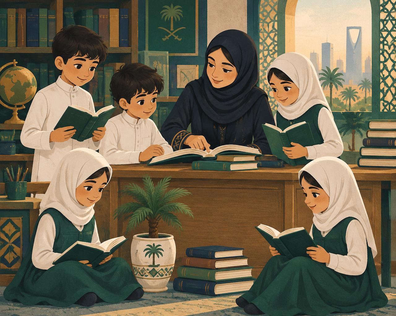 معلمة مع طلاب يقرؤون الكتب
